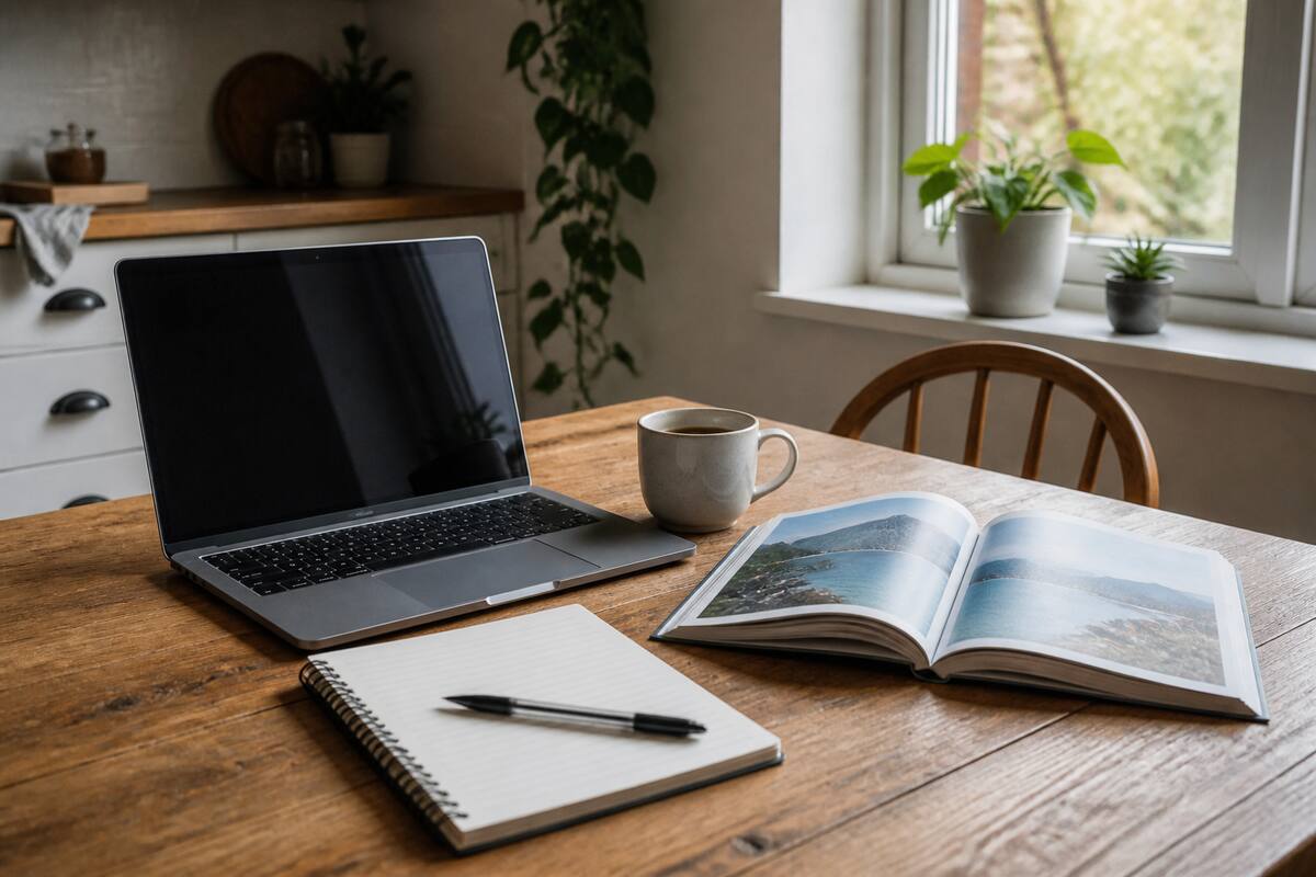 Laptop en notitieboek op tafel tijdens het plannen van een vakantie