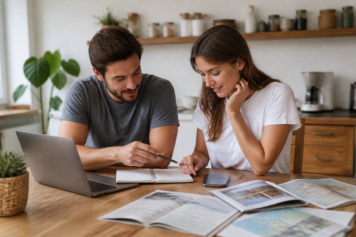Reizigers die samen aan tafel een vakantie plannen en opties vergelijken