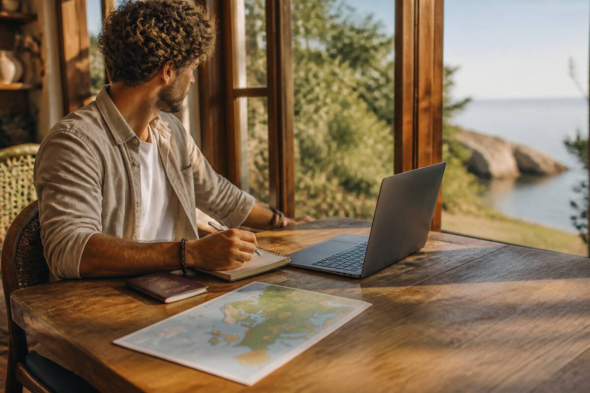Reiziger vergelijkt vakanties en routes aan tafel met laptop en kaart