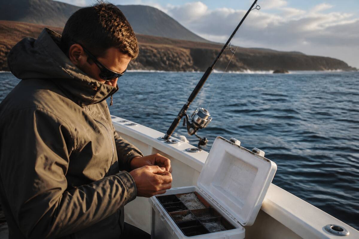 Voorbereiding op een visdag op zee bij Lanzarote met winddichte kleding en tackle op het dek