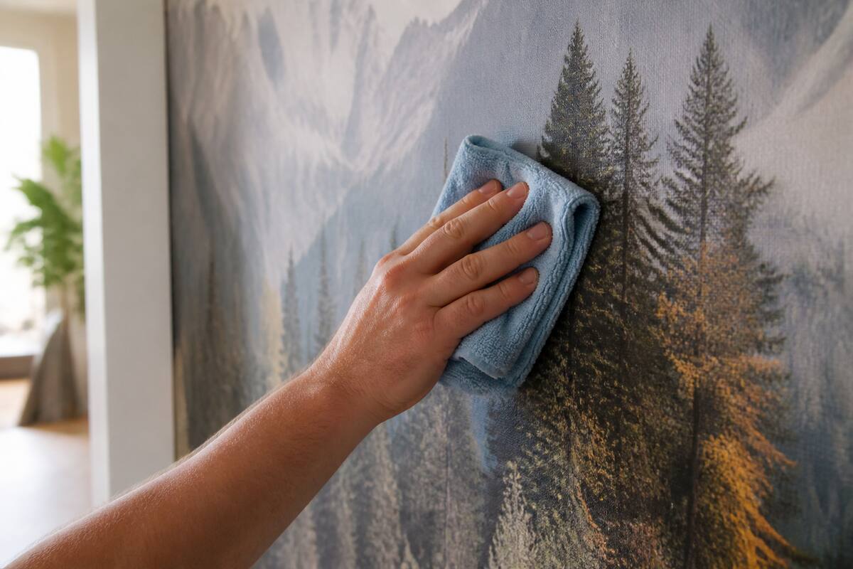 Iemand poetst fotobehang voorzichtig schoon met een zachte microvezeldoek