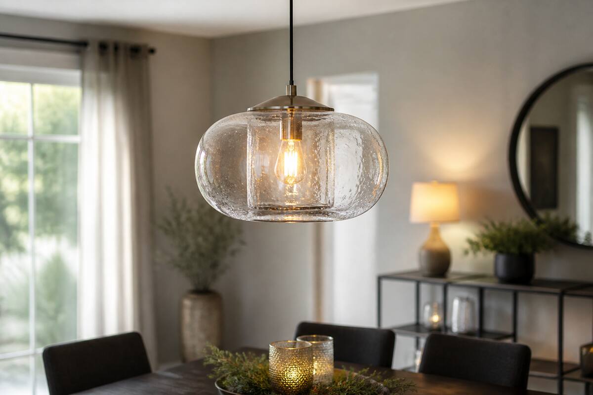 Glazen hanglamp in een moderne eetkamer, met warm licht en zichtbare glasreflecties