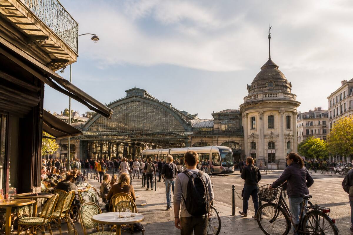 Stedentrip inspiratie met uitzicht op een Europees station en stadscafé