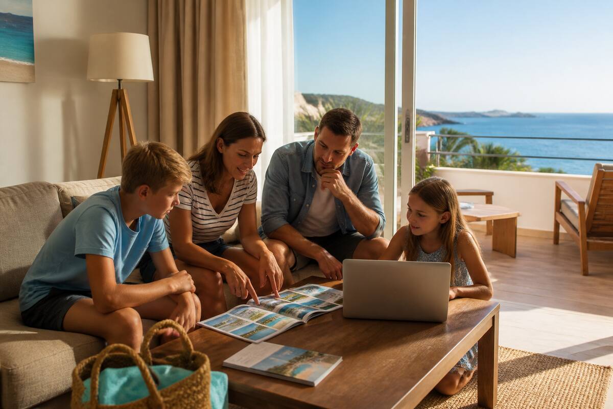 Gezin dat vakanties vergelijkt op laptop en folders voor een volgende reis