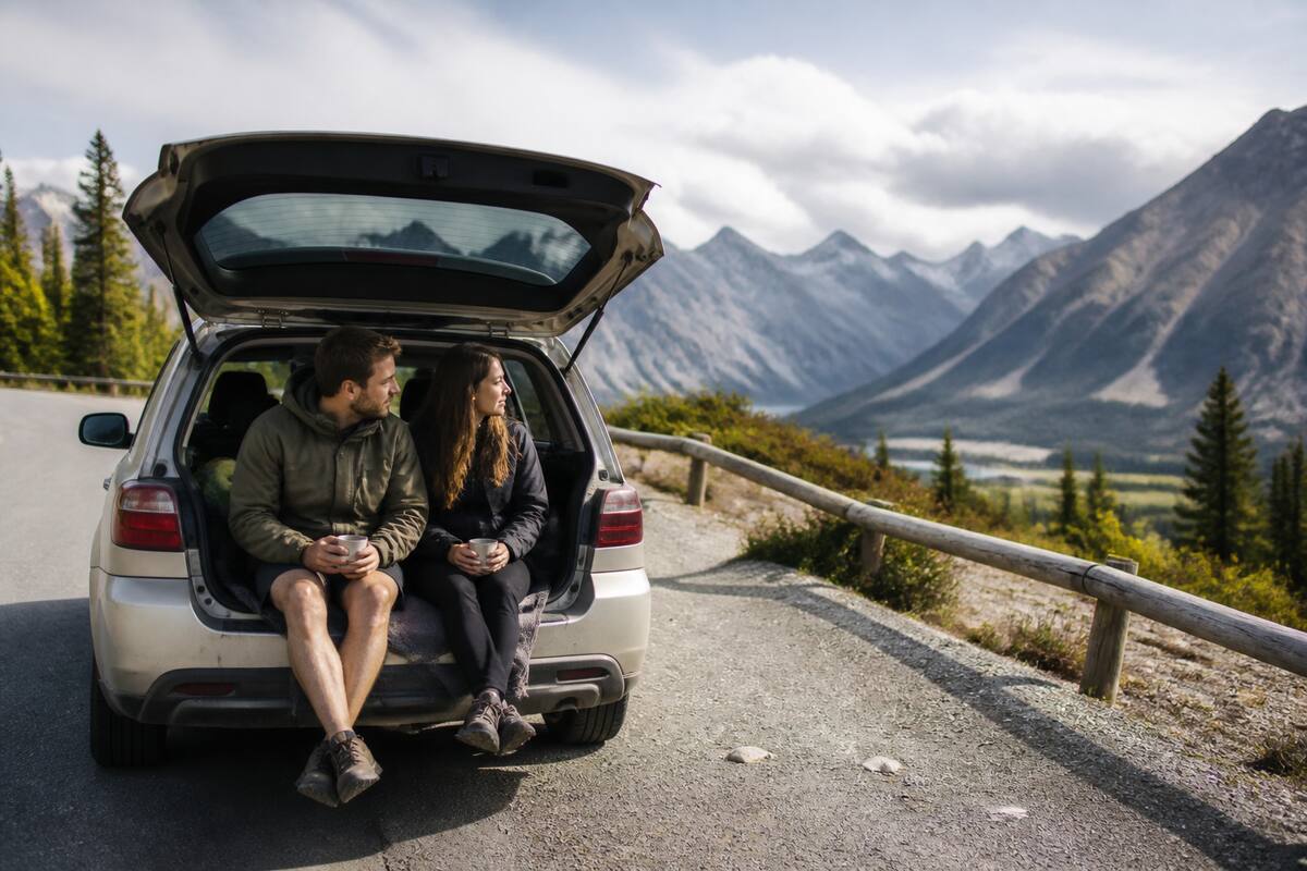 Roadtrip inspiratie: uitzichtpunt langs een kronkelende weg met een auto