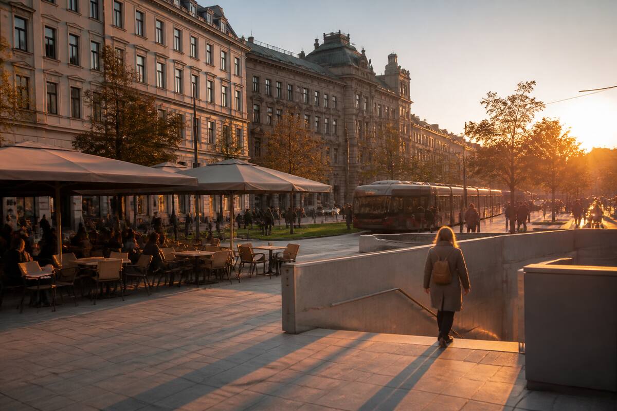 Citytrip in een Europese stad: reiziger op een plein richting openbaar vervoer tijdens golden hour