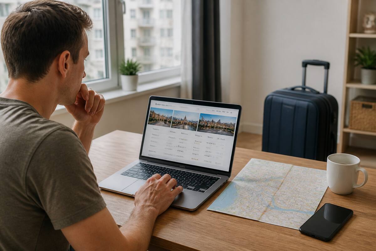 Reisdocumenten en een kleine koffer op een bureau terwijl iemand een citytrip plant